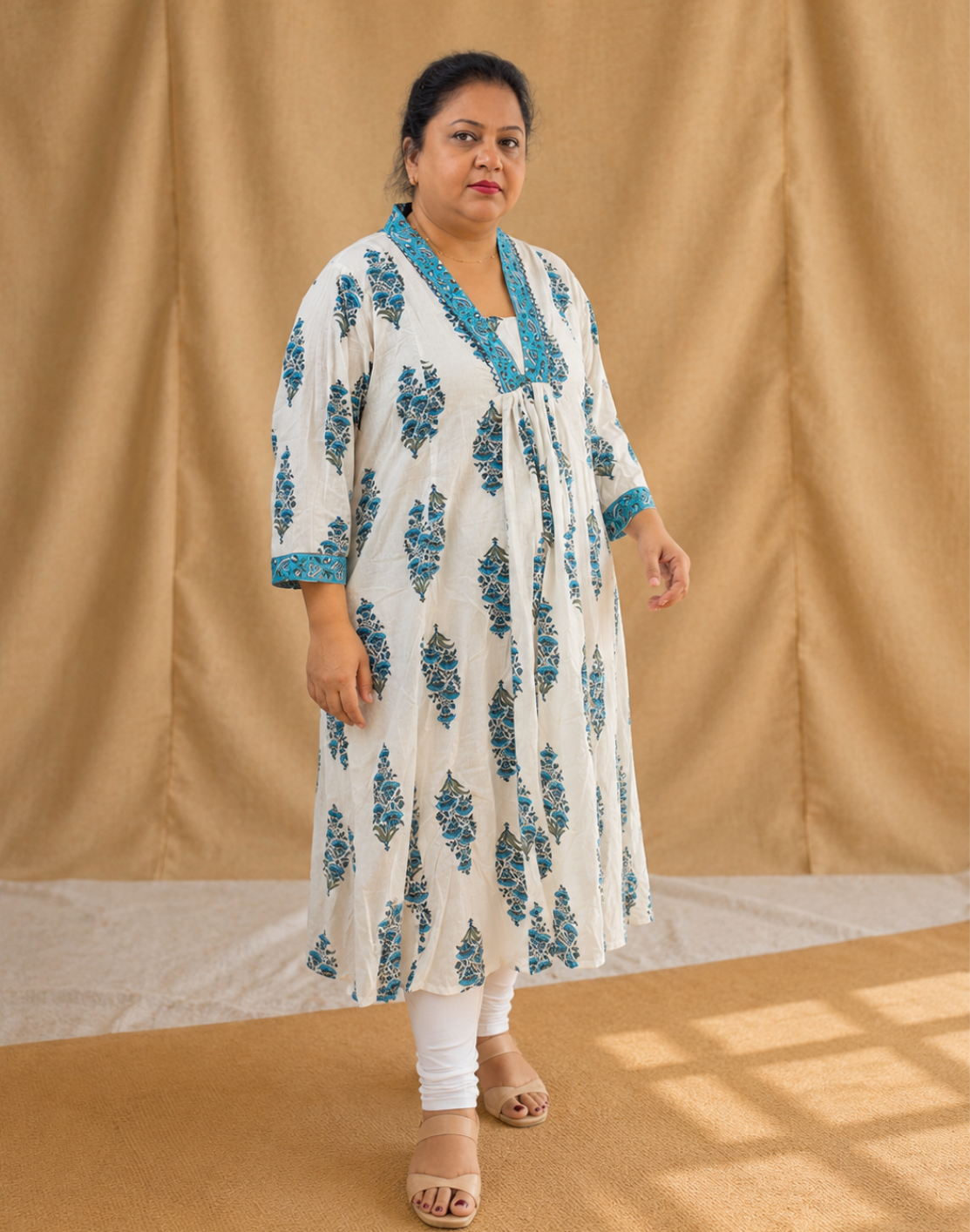 Khwaabh White & Turquoise Floral Printed Flared Kurti