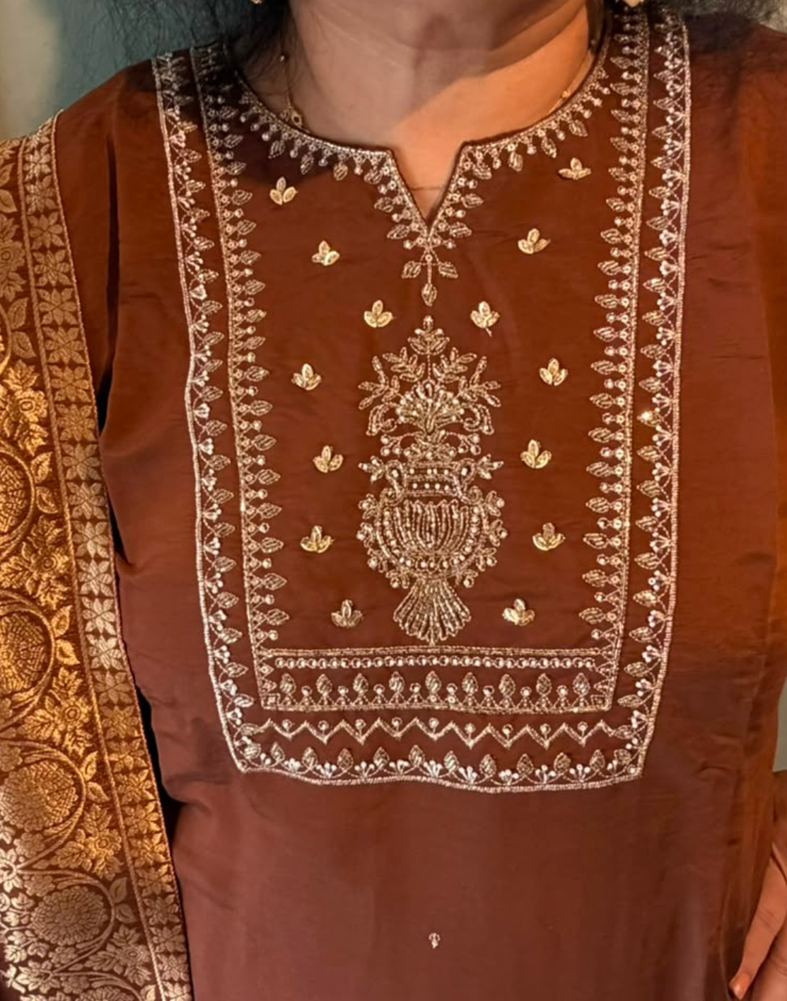 Khwaabh Brown Silk Embroidered Kurta with Pants & Woven Dupatta Set