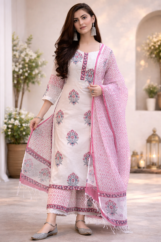 Blush Ivory Hand-Block Printed Kurta Set with Dupatta & Straight Pants