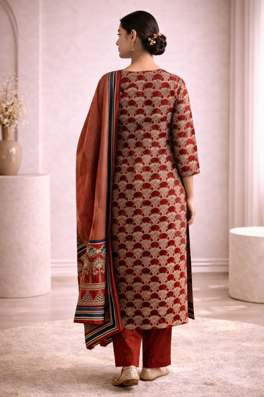 Floral Motif Printed Ethnic Kurta Set with Dupatta & Straight Pants