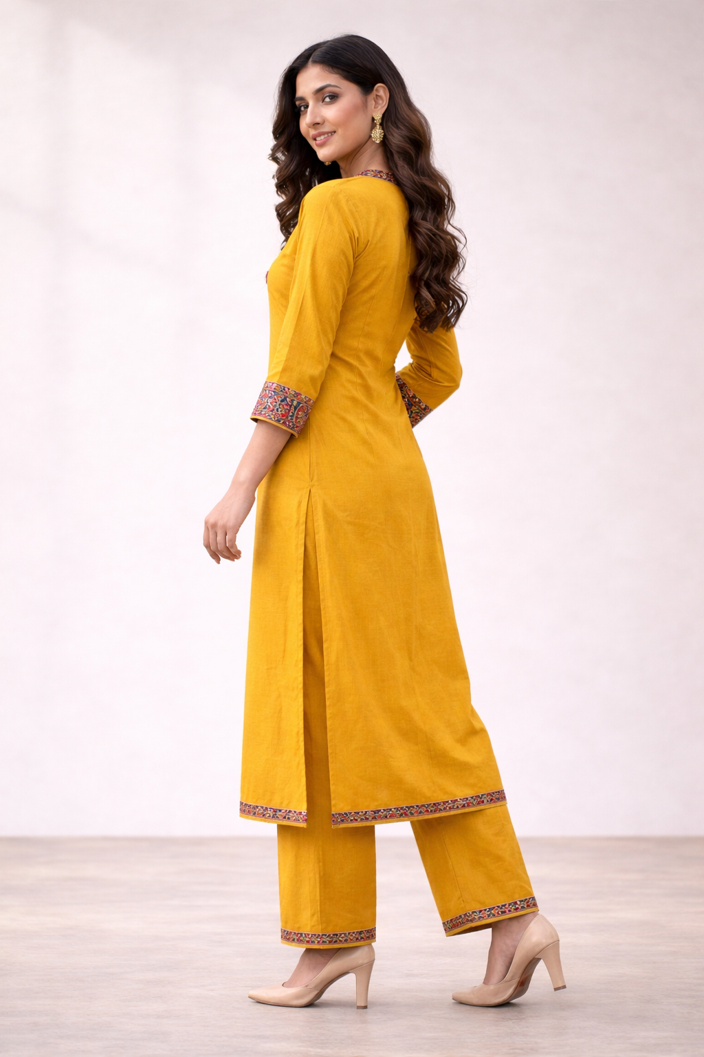 Mustard Yellow Embroidered Kurta Set with Printed Neckline & Straight Pants