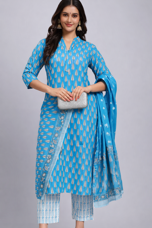 Blue Block Printed Cotton Kurta Set