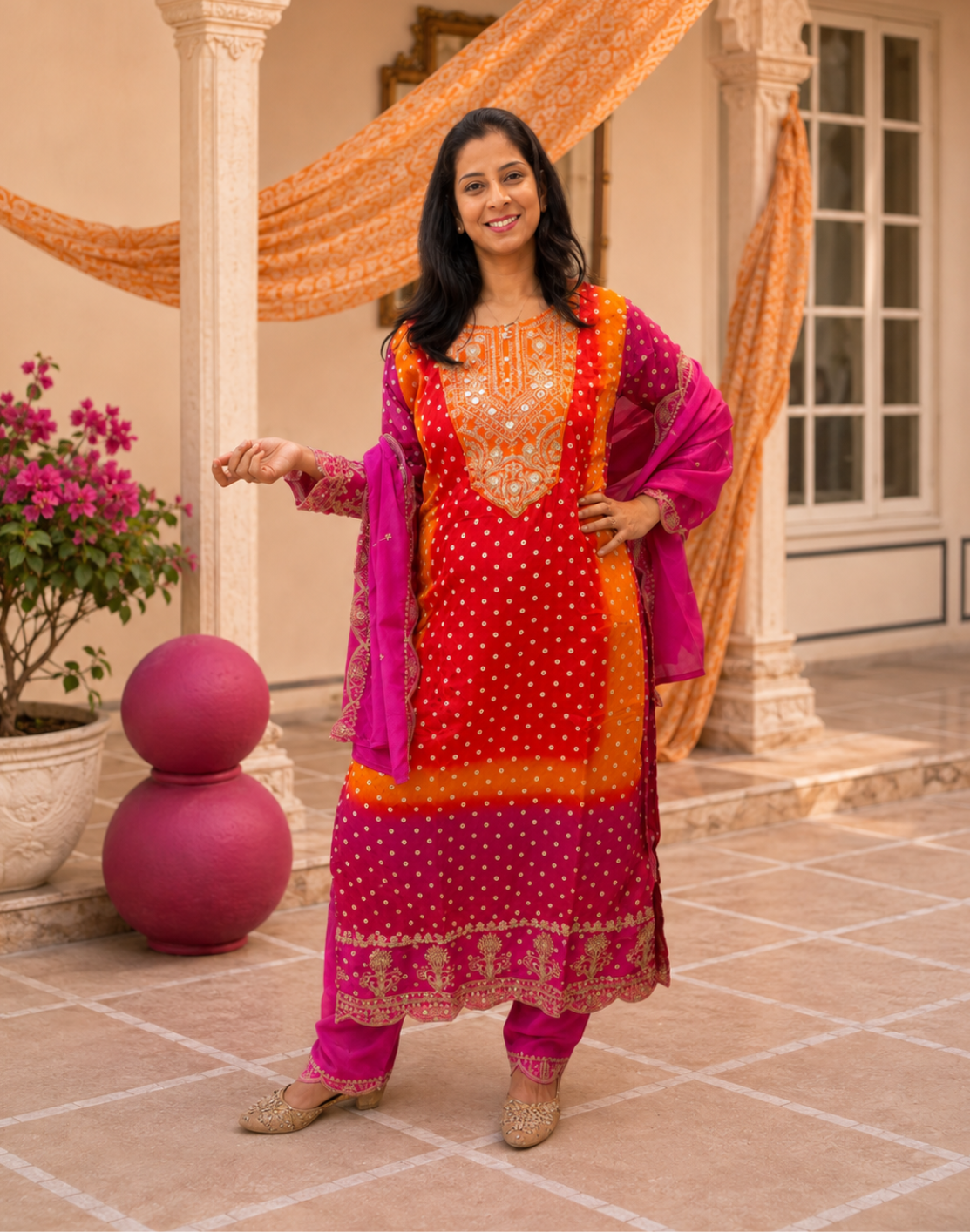 Khwaabh Kesariya Jaisalmer Silk Bandhani Kurta Set with Dupatta
