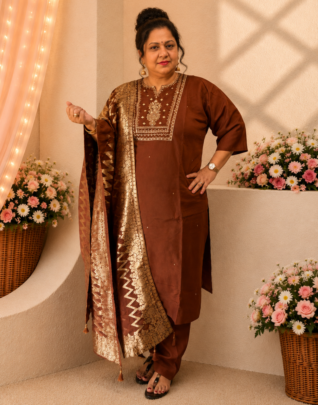 Khwaabh Brown Silk Embroidered Kurta with Pants & Woven Dupatta Set