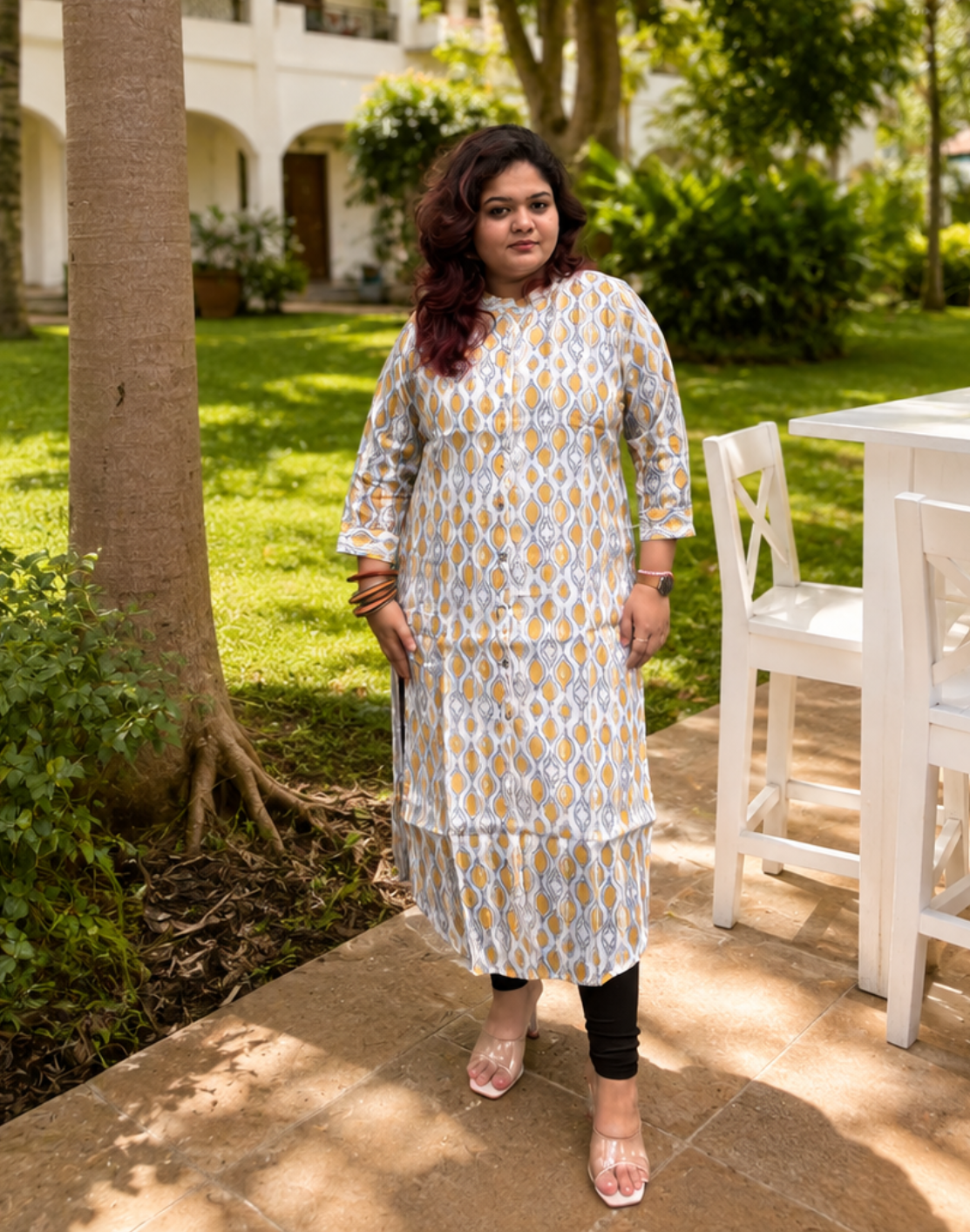 Khwaabh Ivory & Mustard Geometric Printed Straight Kurti