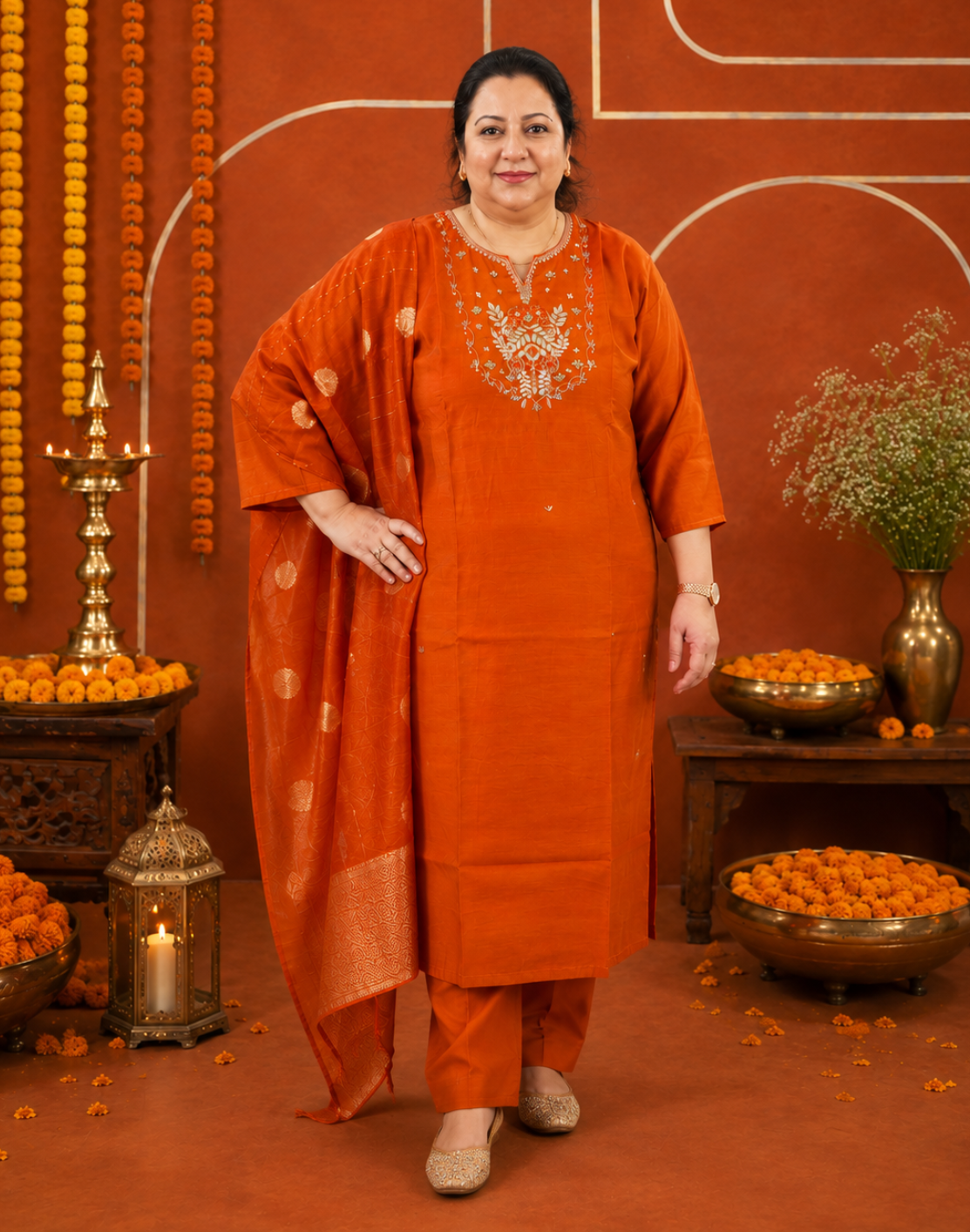Khwaabh Rust Embroidered Straight Kurta with Pants & Banarasi Woven Dupatta