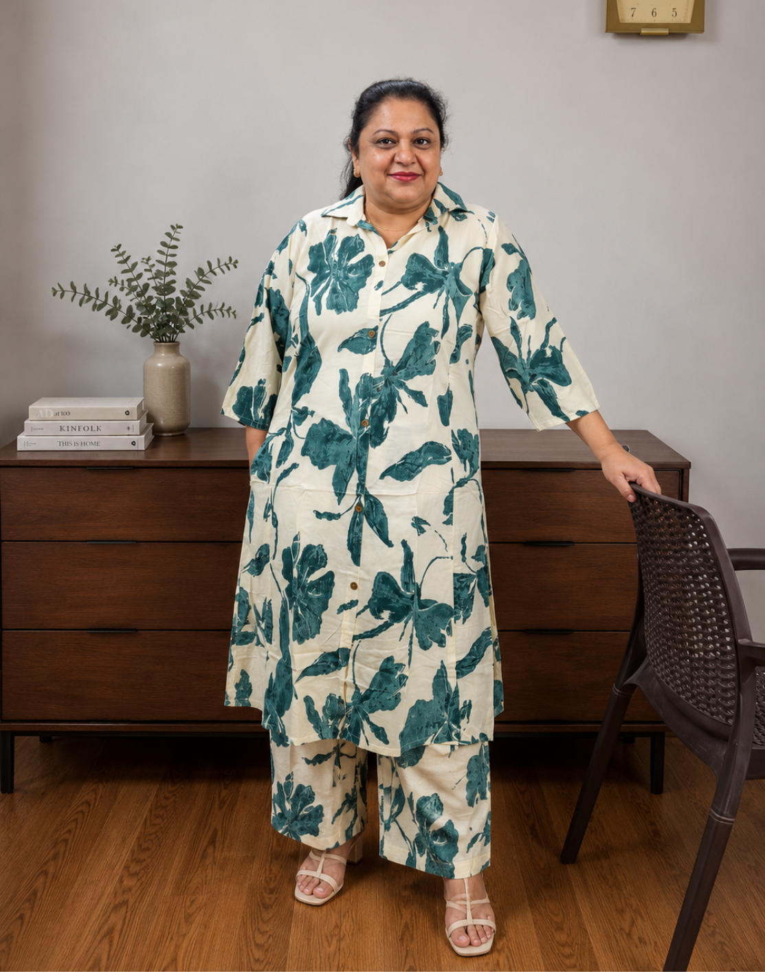 Khwaabh Ivory Floral Printed Shirt Kurta with Wide-Leg Pants Co-ord Set