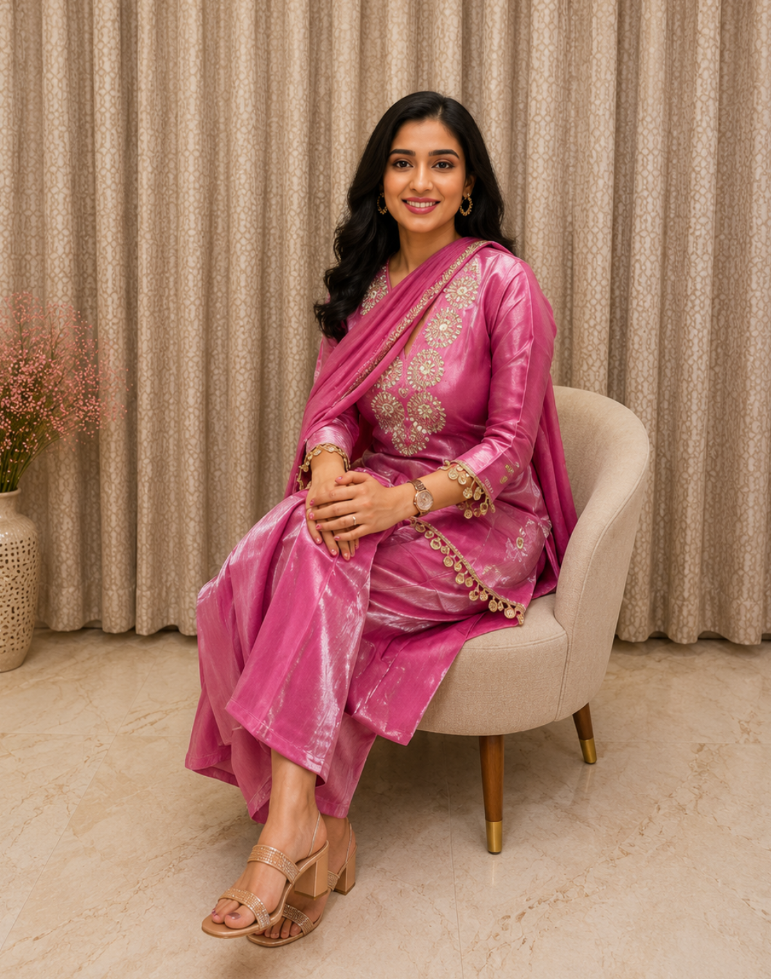 Pink Embroidered Salsa Silk 3-Piece Suit Set with Dupatta