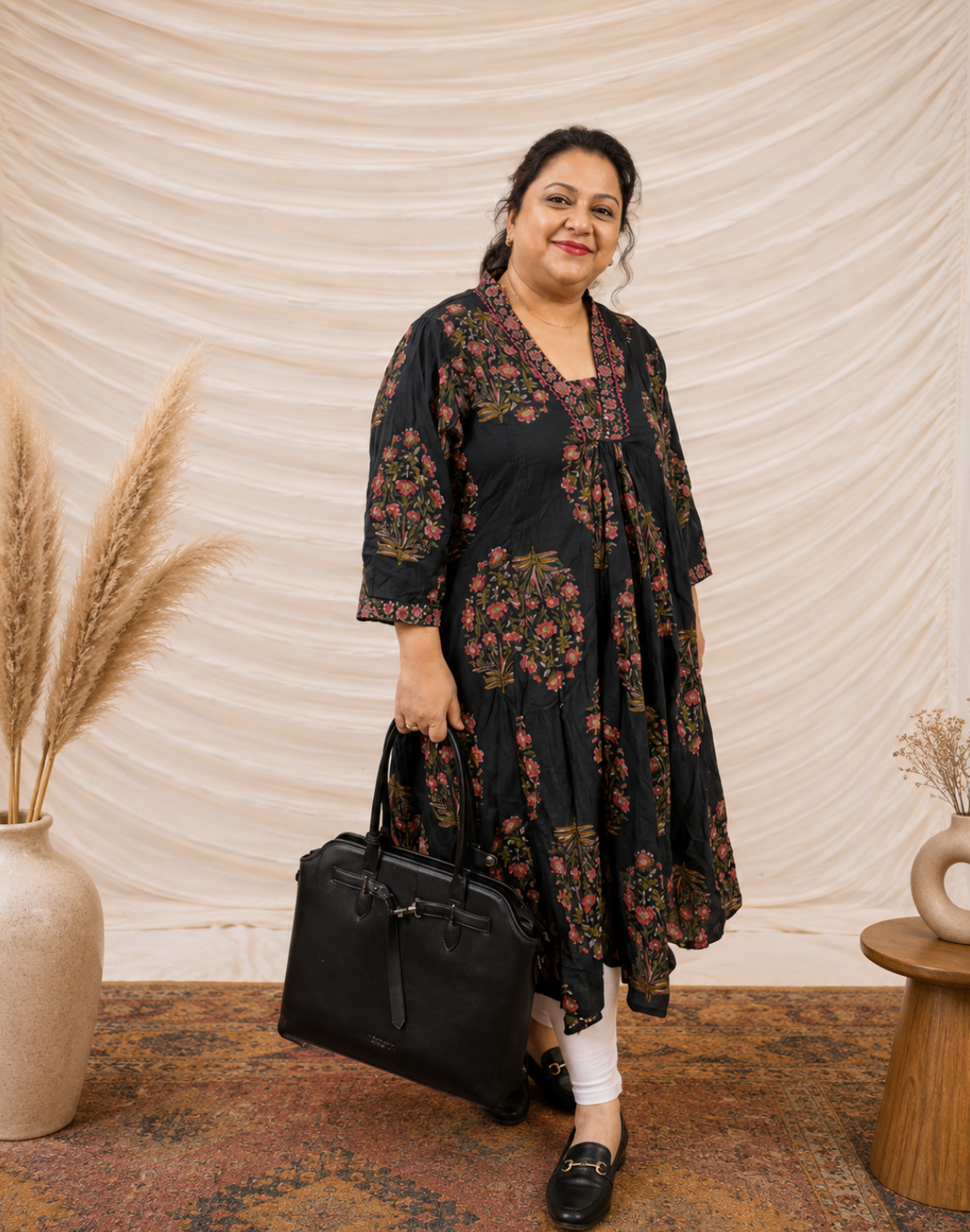 Khwaabh Black Floral Printed Anarkali Kurti