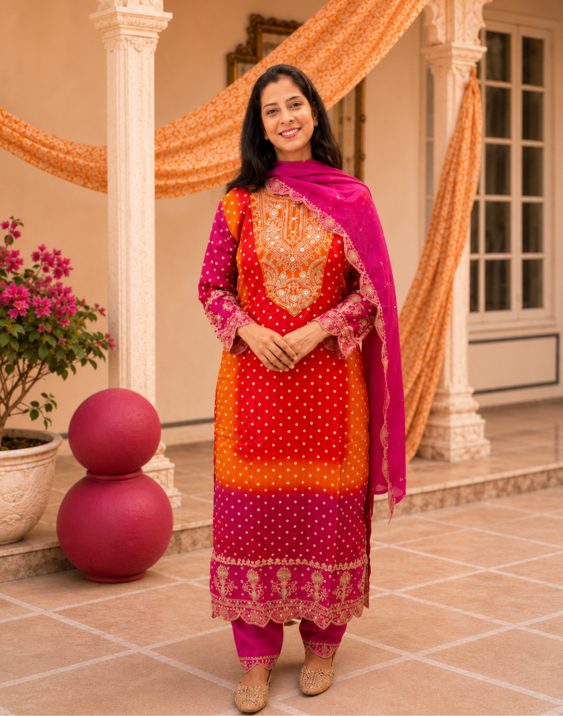 Khwaabh Kesariya Jaisalmer Silk Bandhani Kurta Set with Dupatta