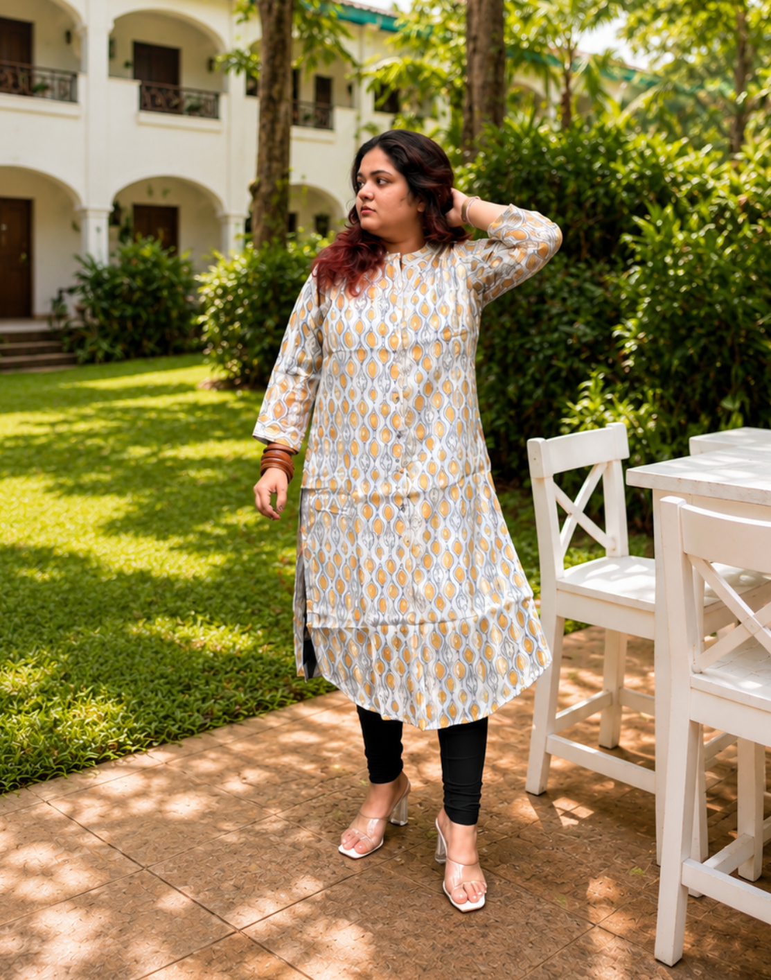 Khwaabh Ivory & Mustard Geometric Printed Straight Kurti