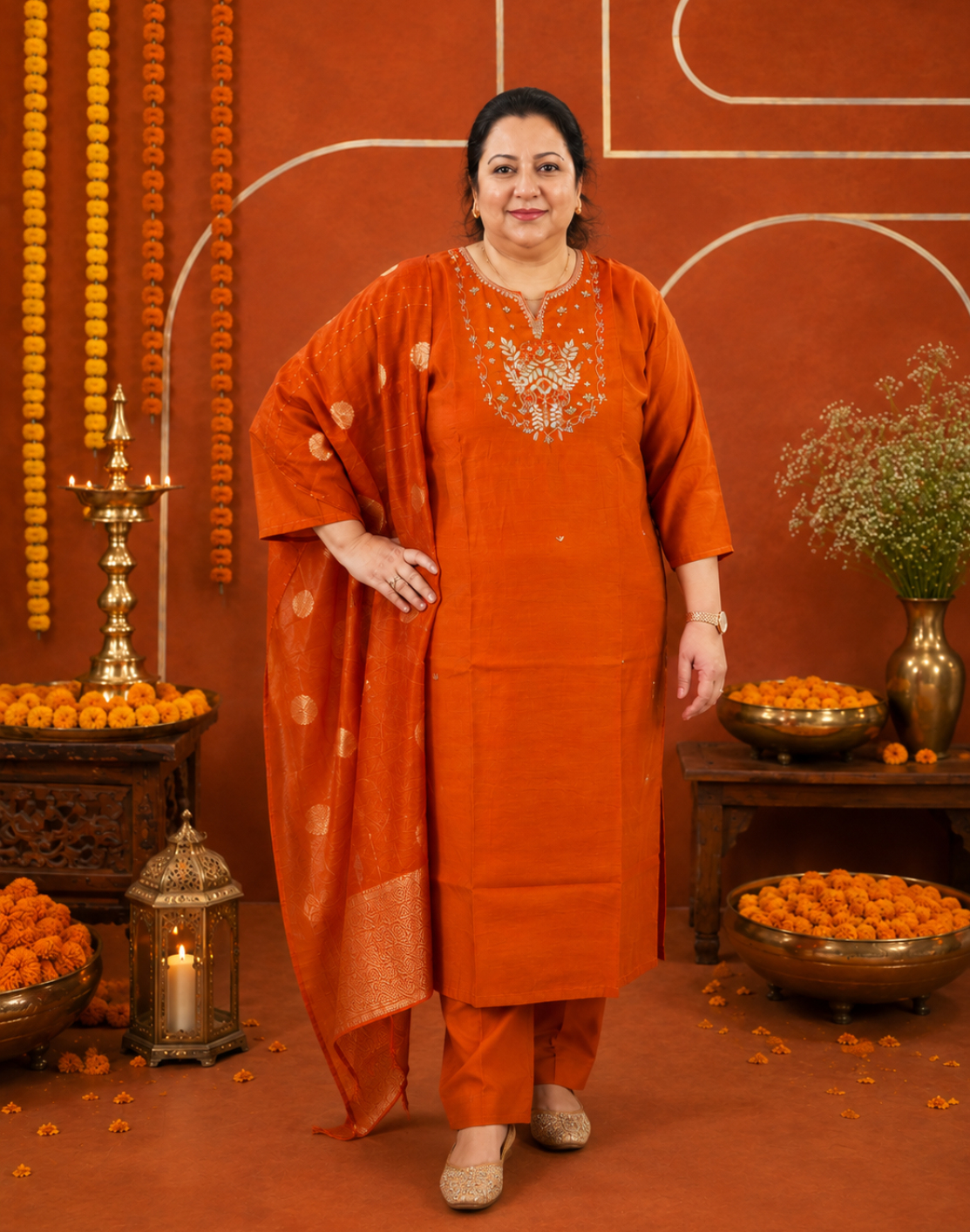 Khwaabh Rust Embroidered Straight Kurta with Pants & Banarasi Woven Dupatta