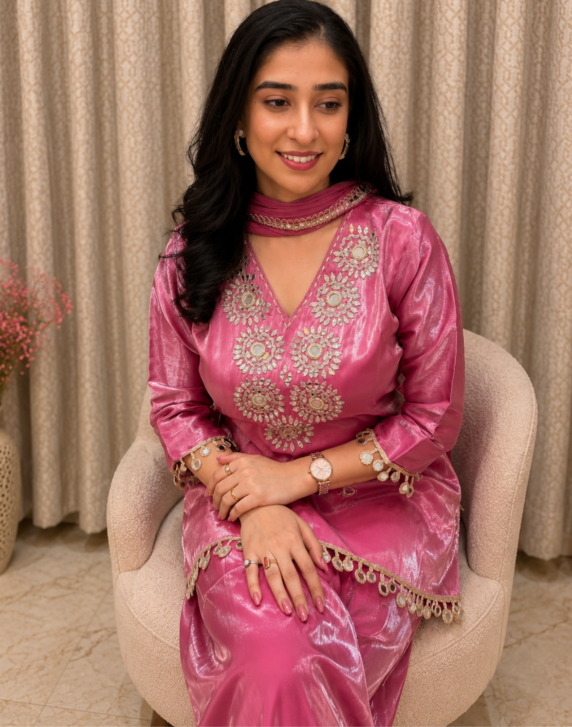 Pink Embroidered Salsa Silk 3-Piece Suit Set with Dupatta