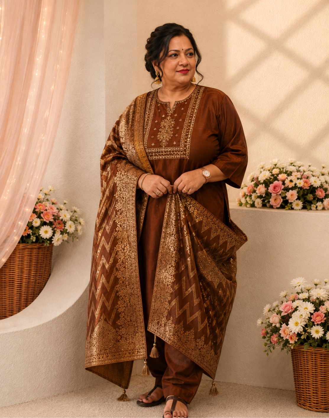 Khwaabh Brown Silk Embroidered Kurta with Pants & Woven Dupatta Set