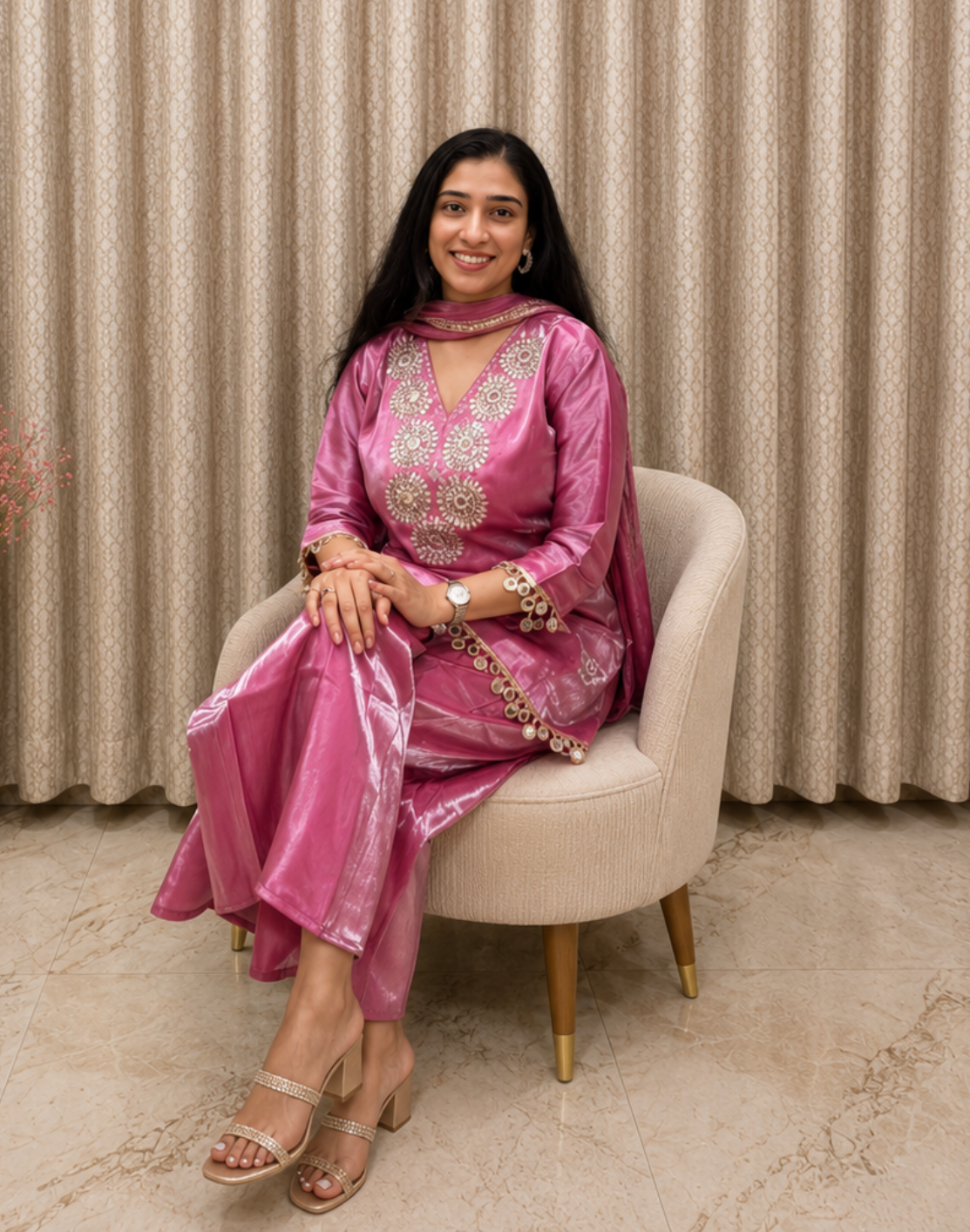 Pink Embroidered Salsa Silk 3-Piece Suit Set with Dupatta