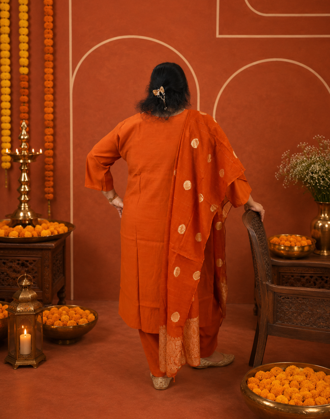Khwaabh Rust Embroidered Straight Kurta with Pants & Banarasi Woven Dupatta