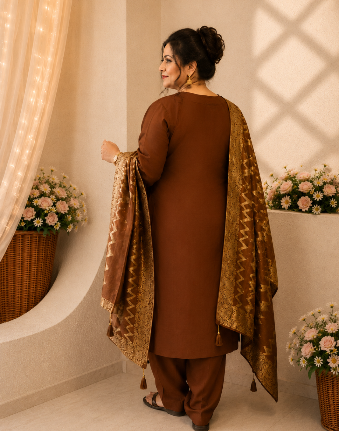 Khwaabh Brown Silk Embroidered Kurta with Pants & Woven Dupatta Set