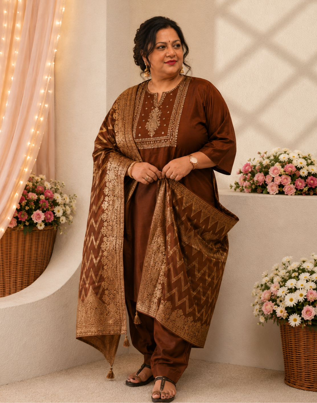 Khwaabh Brown Silk Embroidered Kurta with Pants & Woven Dupatta Set