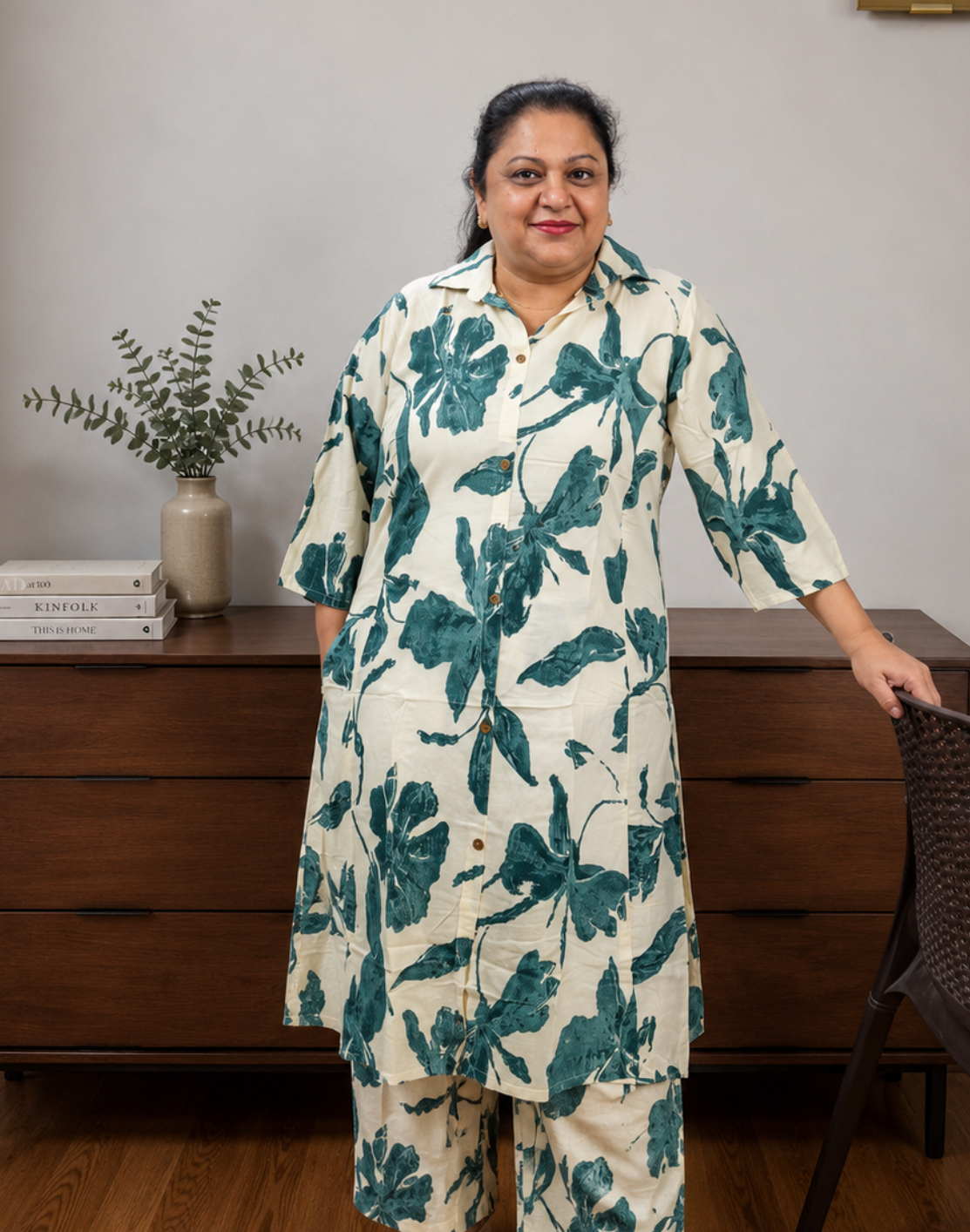 Khwaabh Ivory Floral Printed Shirt Kurta with Wide-Leg Pants Co-ord Set