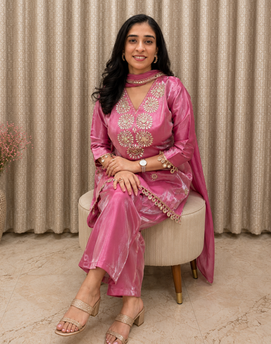 Pink Embroidered Salsa Silk 3-Piece Suit Set with Dupatta