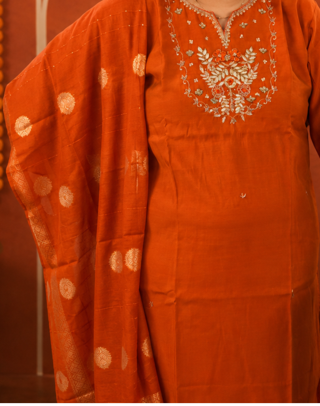 Khwaabh Rust Embroidered Straight Kurta with Pants & Banarasi Woven Dupatta