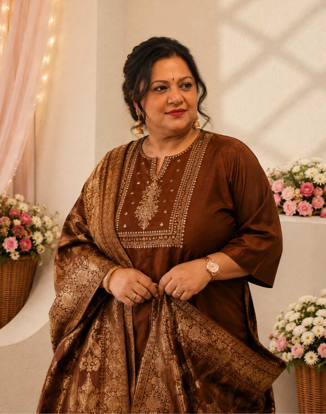 Khwaabh Brown Silk Embroidered Kurta with Pants & Woven Dupatta Set