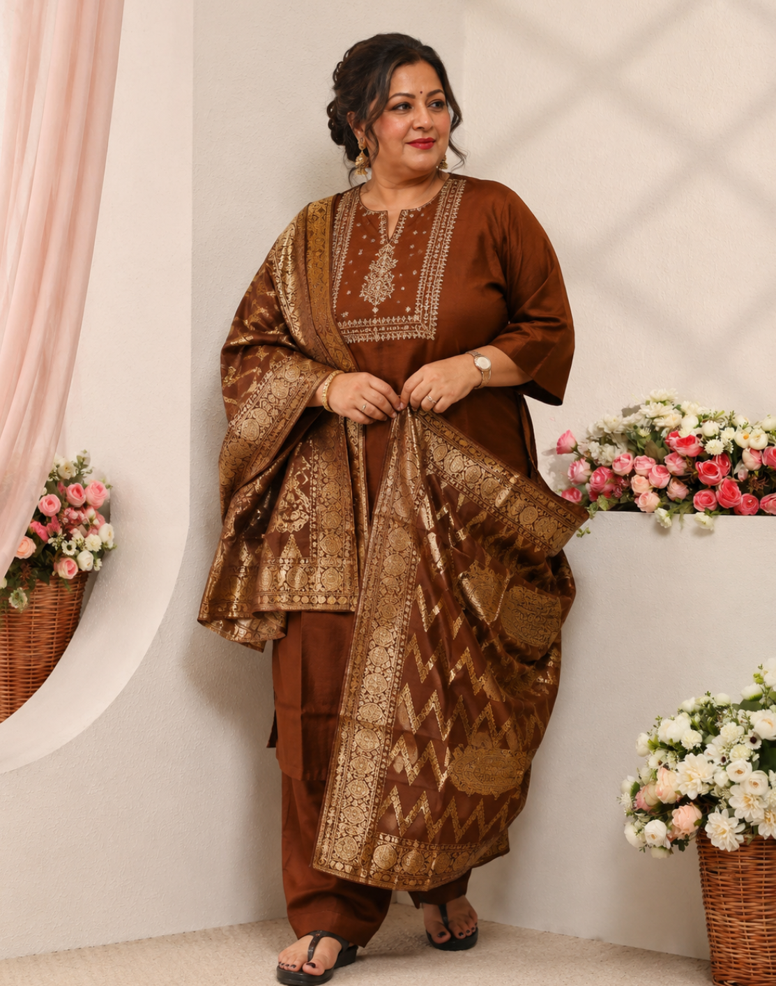 Khwaabh Brown Silk Embroidered Kurta with Pants & Woven Dupatta Set