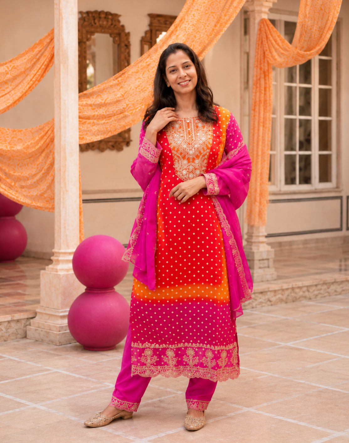 Khwaabh Kesariya Jaisalmer Silk Bandhani Kurta Set with Dupatta