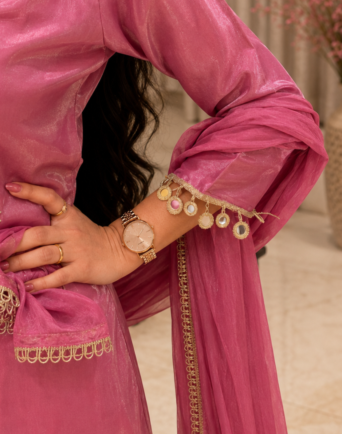 Pink Embroidered Salsa Silk 3-Piece Suit Set with Dupatta