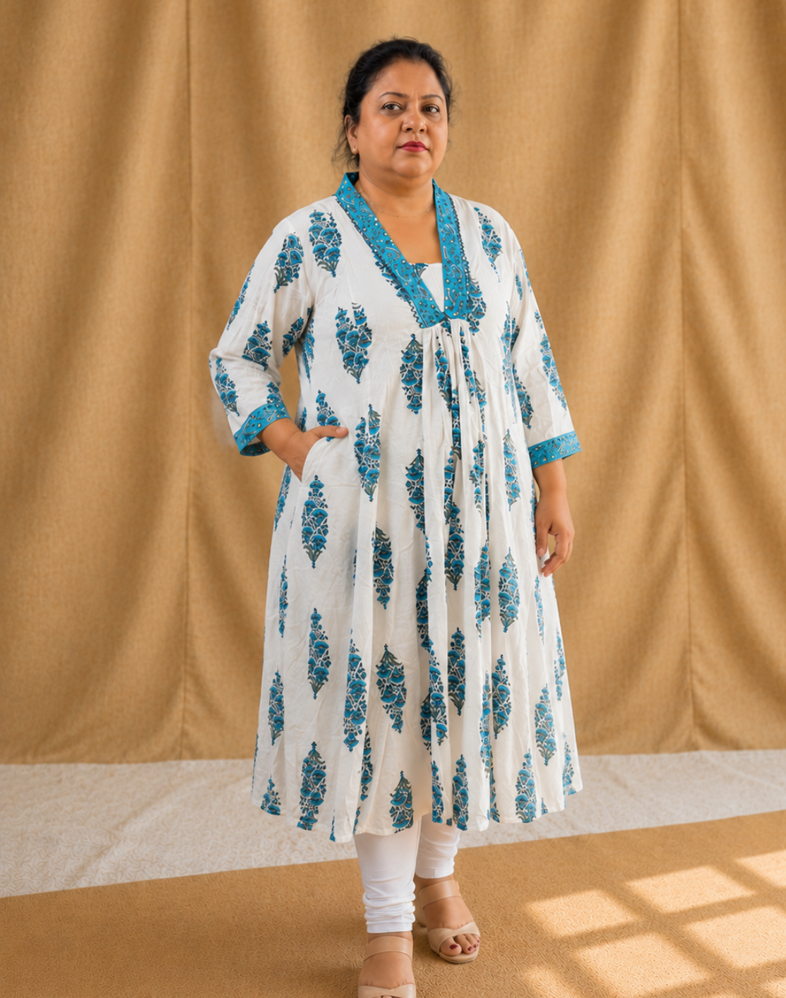 Khwaabh White & Turquoise Floral Printed Flared Kurti