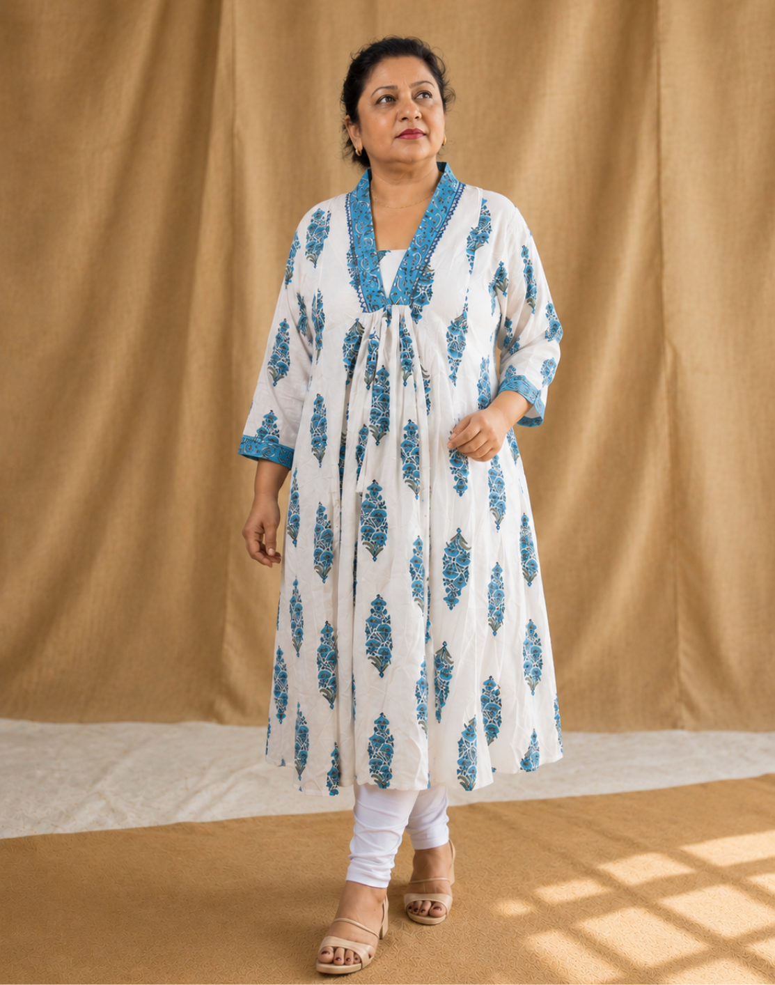 Khwaabh White & Turquoise Floral Printed Flared Kurti