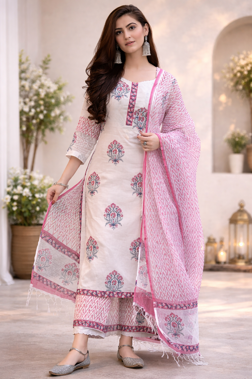 Blush Ivory Hand-Block Printed Kurta Set with  Dupatta & Straight Pants