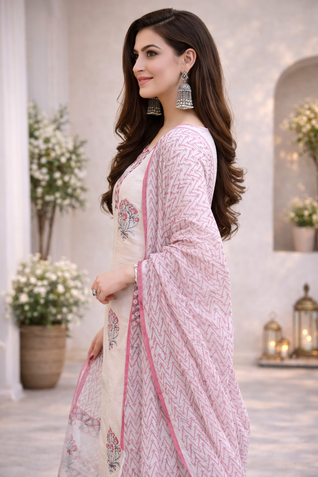 Blush Ivory Hand-Block Printed Kurta Set with  Dupatta & Straight Pants