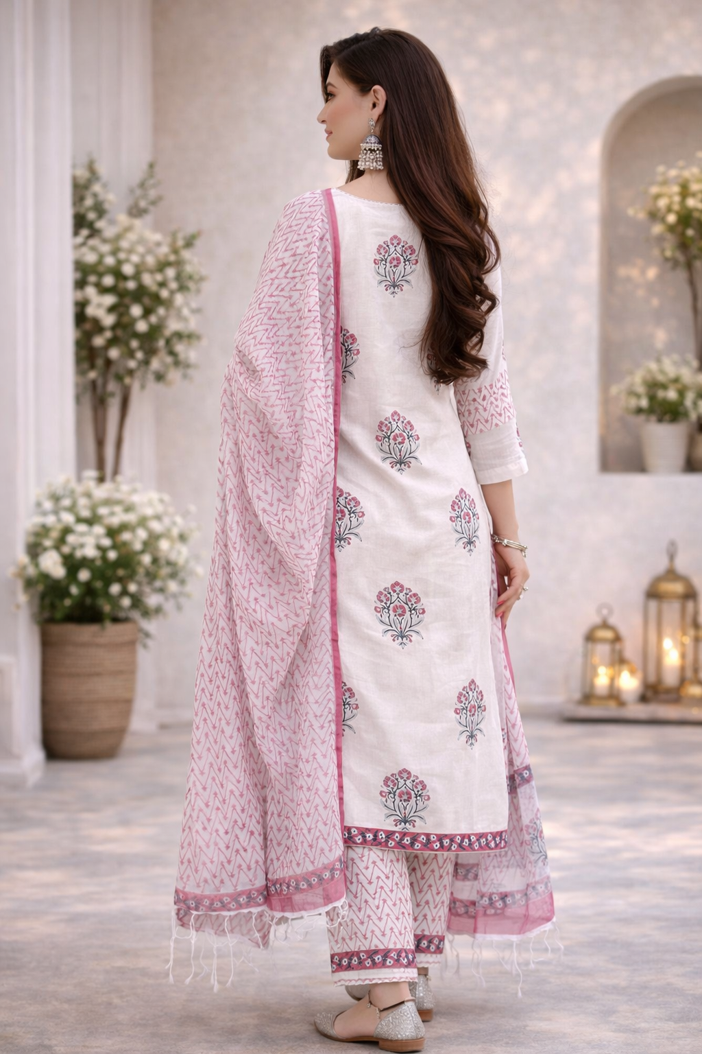 Blush Ivory Hand-Block Printed Kurta Set with  Dupatta & Straight Pants
