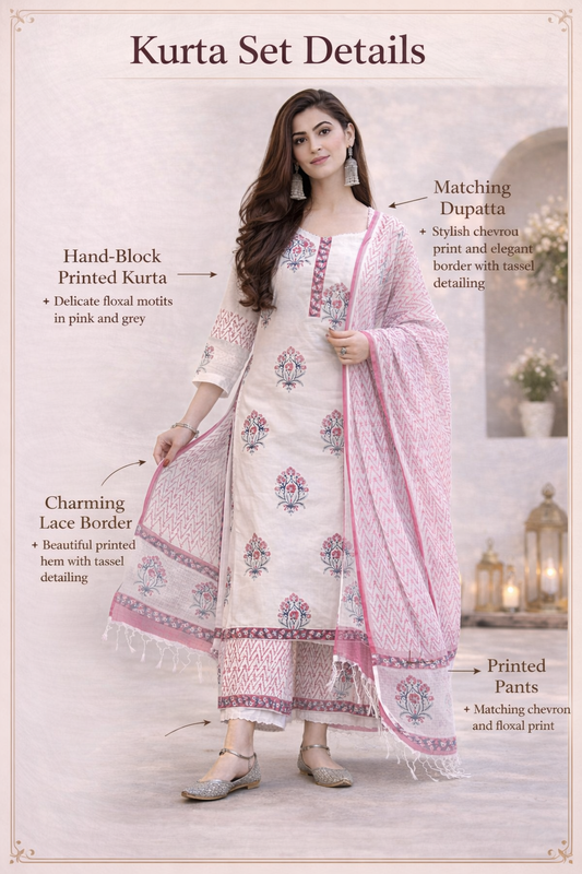Blush Ivory Hand-Block Printed Kurta Set with  Dupatta & Straight Pants