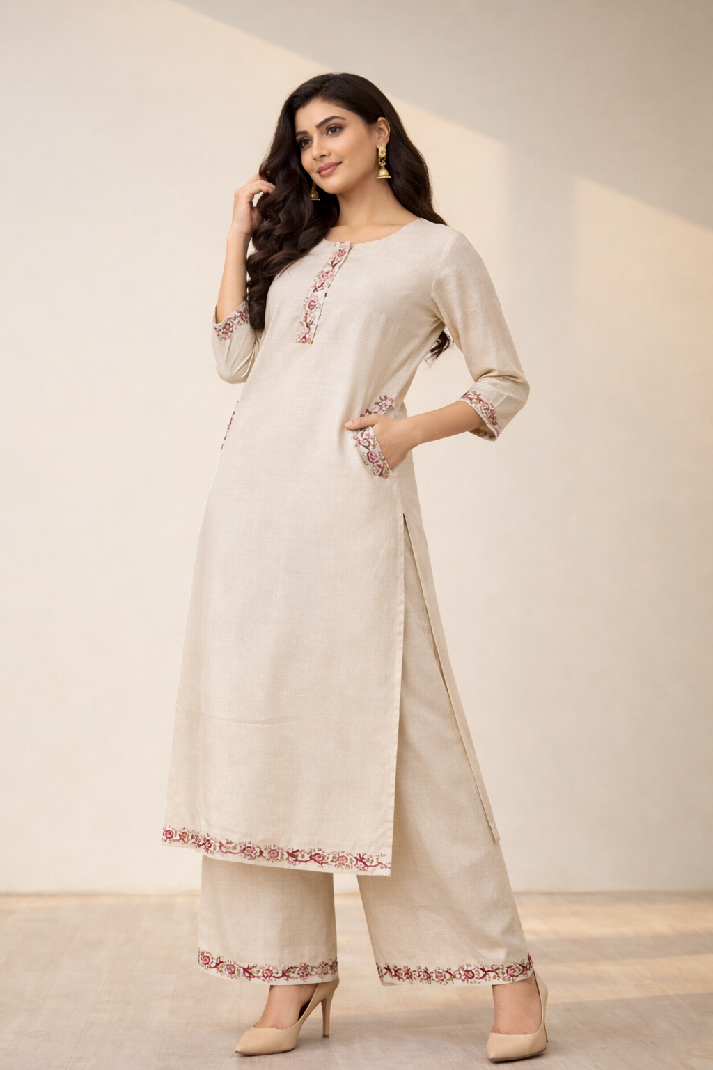 Ivory Grace Minimal Kurta Set with Floral Border & Straight Pants