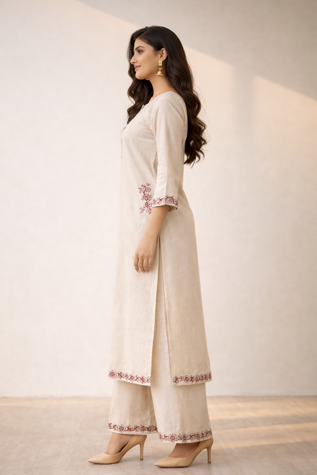 Ivory Grace Minimal Kurta Set with Floral Border & Straight Pants