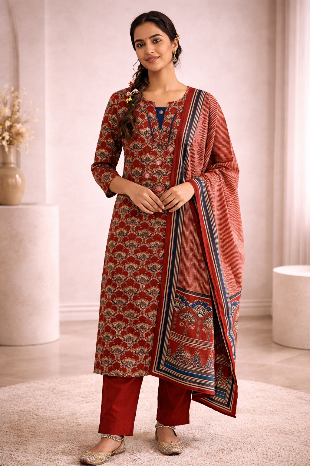 Floral Motif Printed Ethnic Kurta Set with Dupatta & Straight Pants