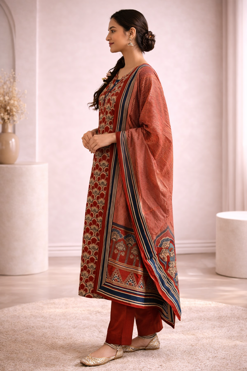 Floral Motif Printed Ethnic Kurta Set with Dupatta & Straight Pants