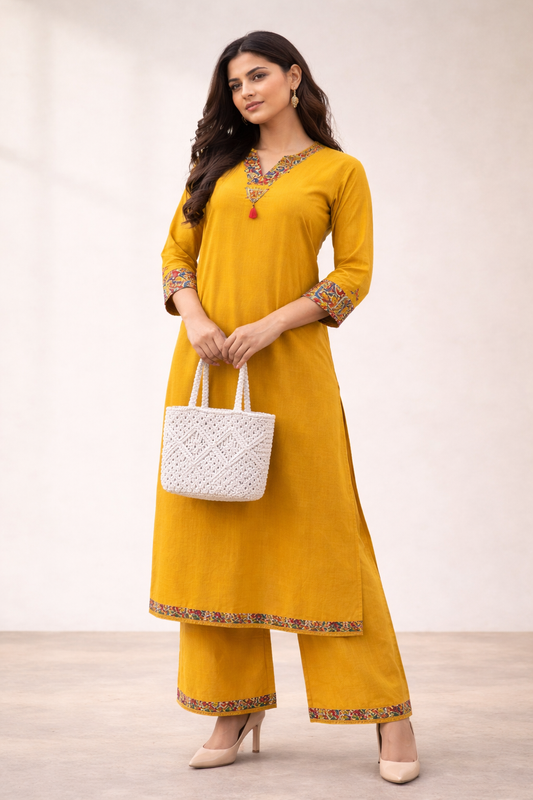 Mustard Yellow Embroidered Kurta Set with Printed Neckline & Straight Pants