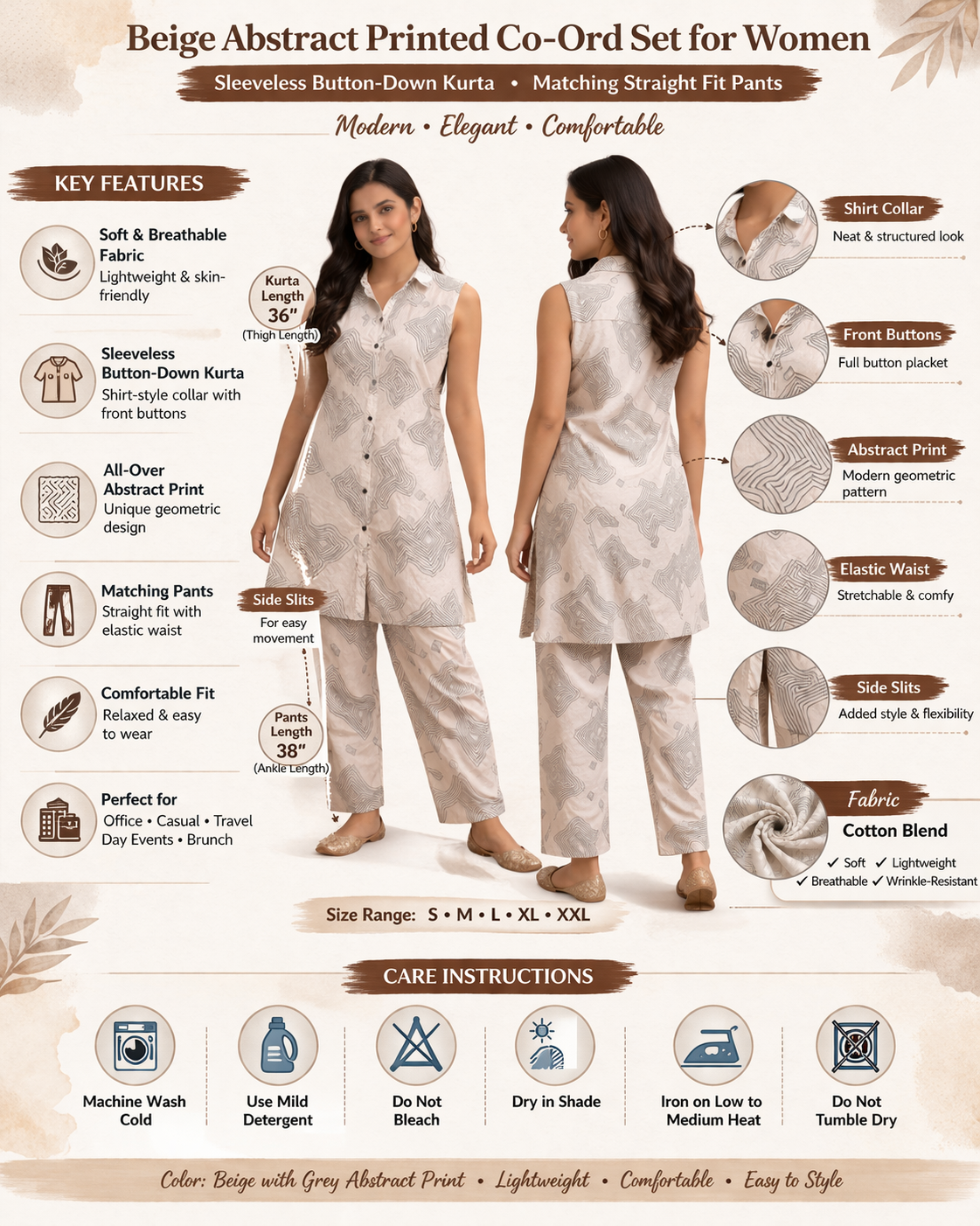 Beige Abstract Printed Sleeveless Co-Ord Set