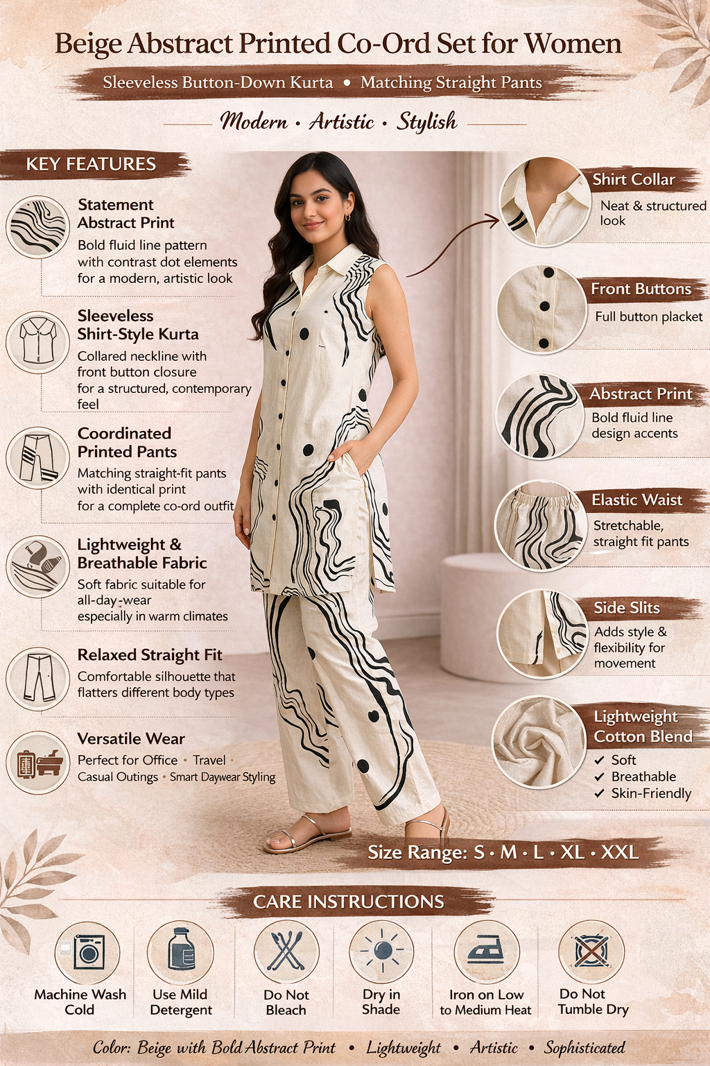 Black Abstract Printed Sleeveless Co-Ord Set Button-Down Kurta with Matching Straight Pants