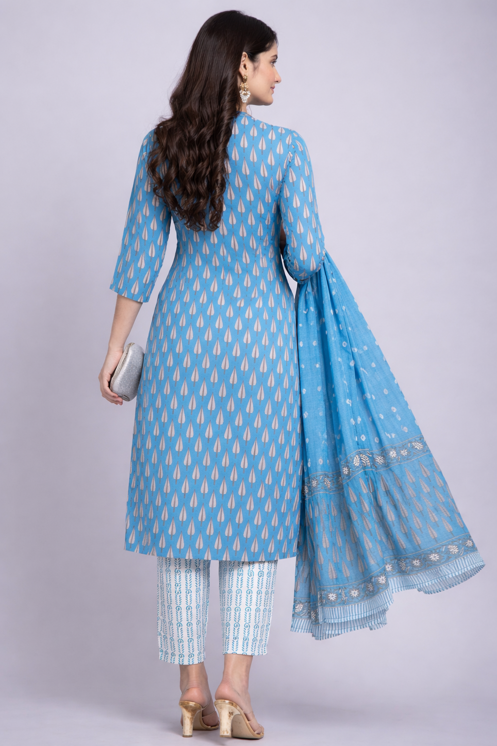 Blue Block Printed Cotton Kurta Set