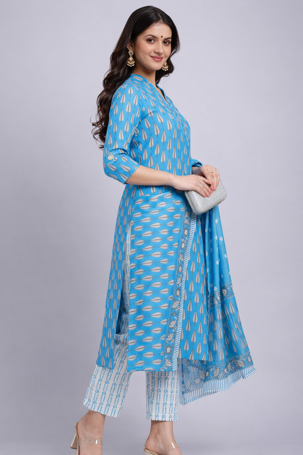 Blue Block Printed Cotton Kurta Set