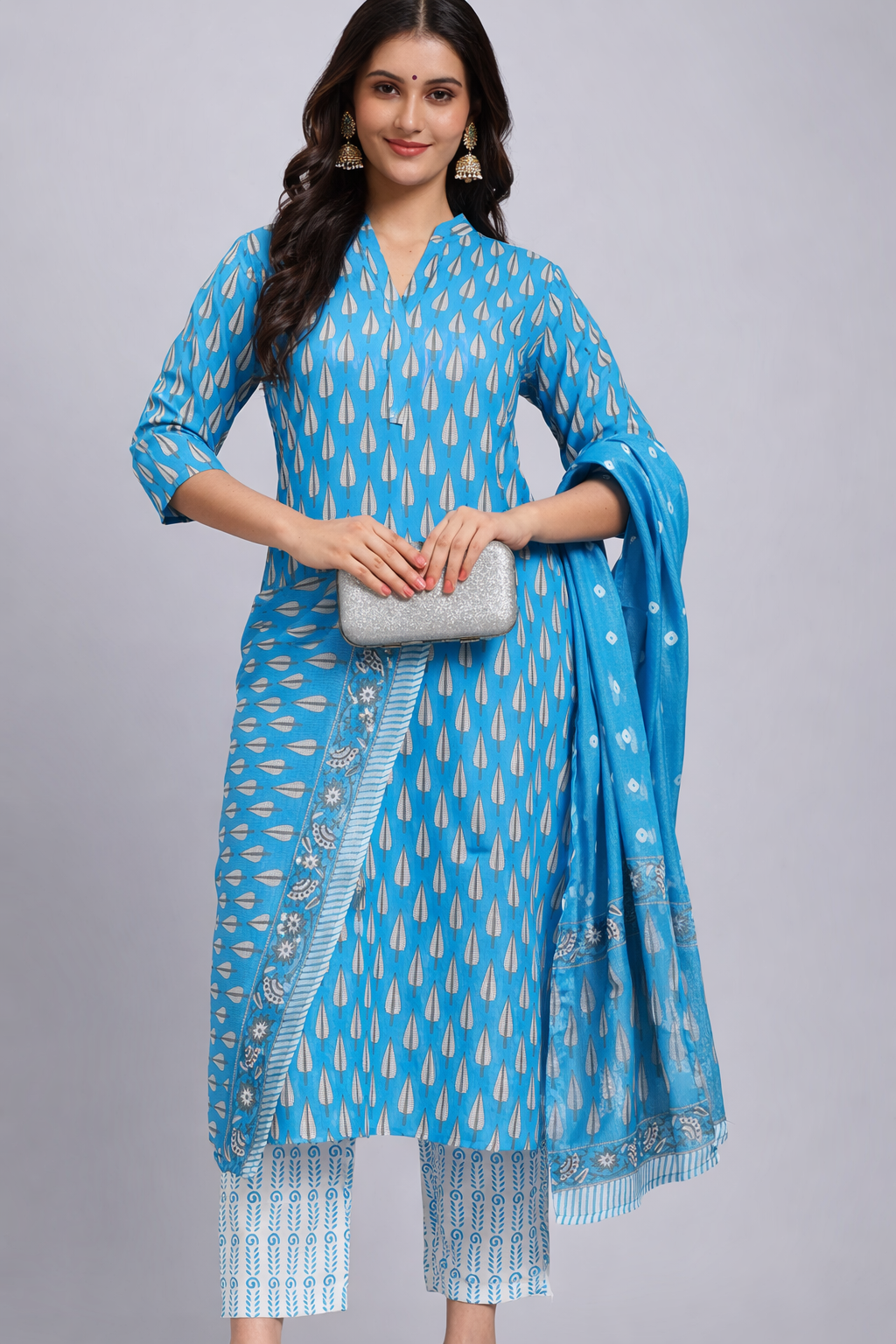 Blue Block Printed Cotton Kurta Set