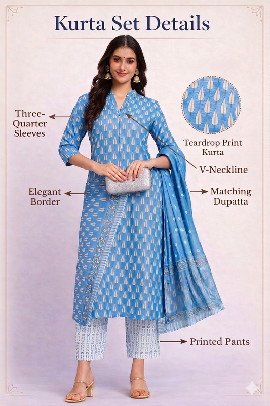 Blue Block Printed Cotton Kurta Set