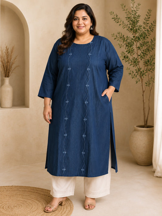 Indigo Denim Look Straight Kurti with Embroidery & Pockets