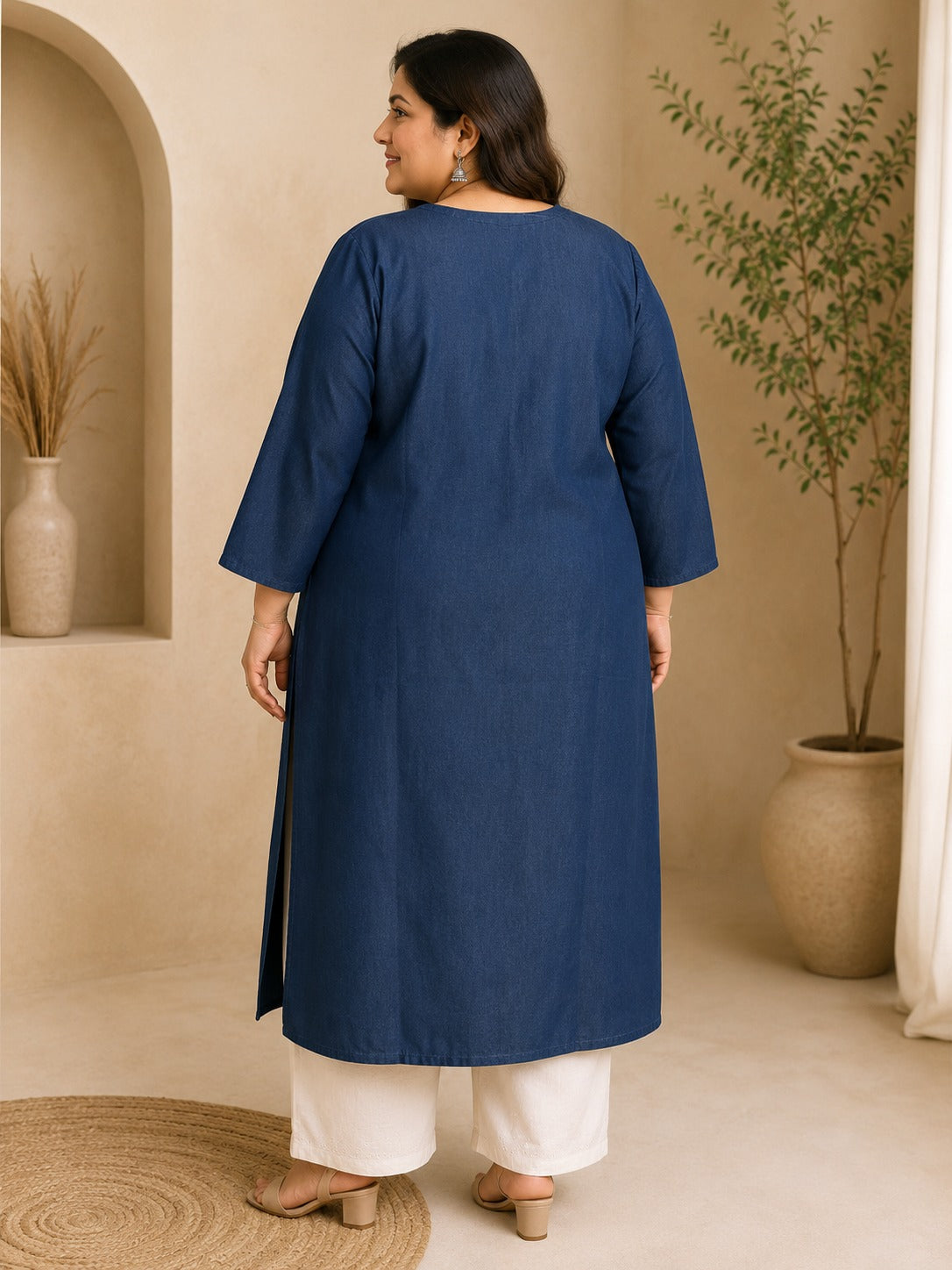 Indigo Denim Look Straight Kurti with Embroidery & Pockets